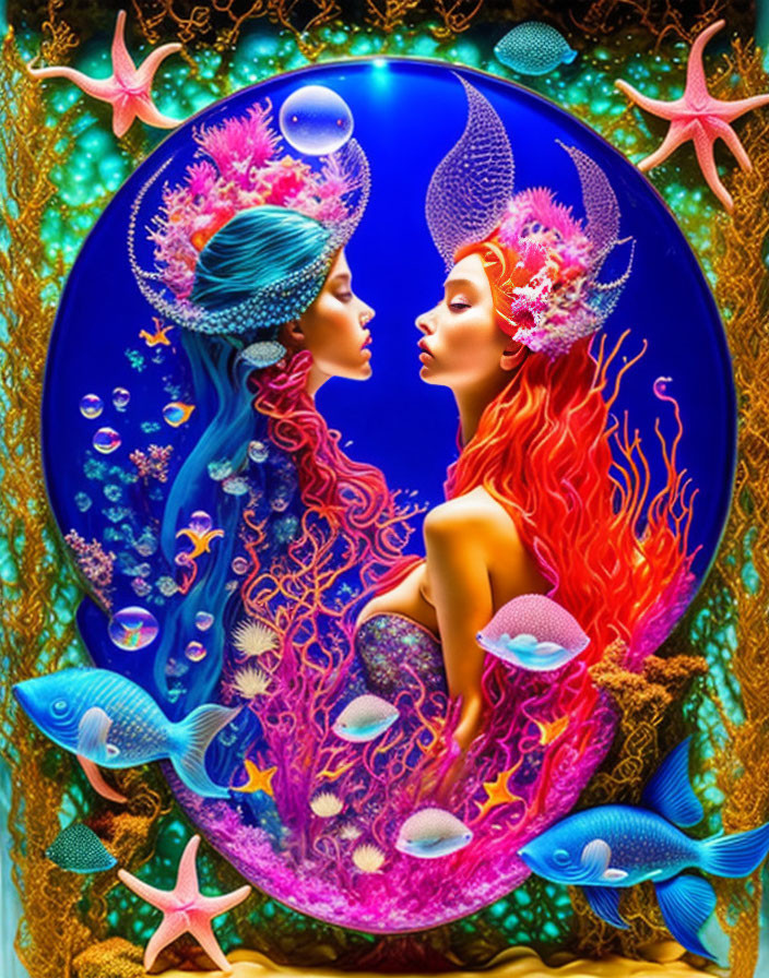 Stylized female figures with aquatic features in circular frame surrounded by marine life