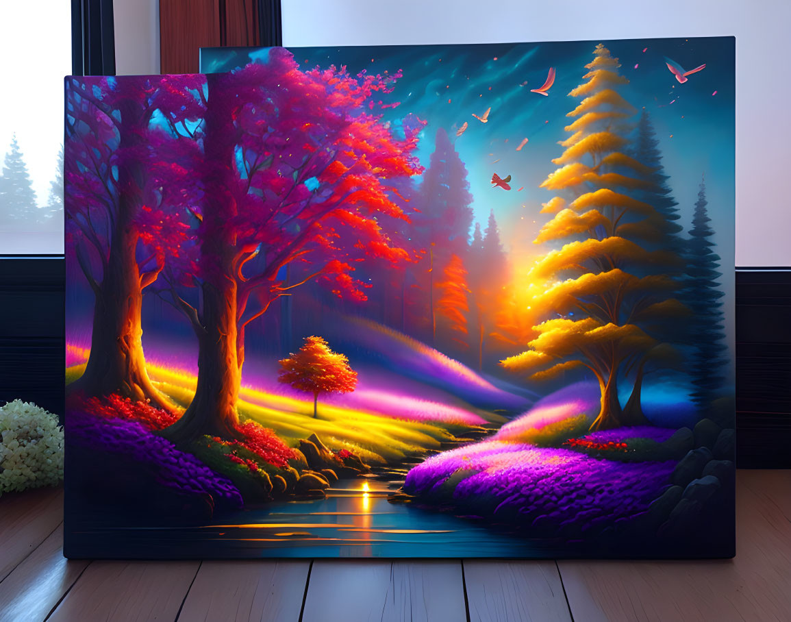 Colorful Magical Forest Canvas Print with Glowing Pathway & Starry Sky