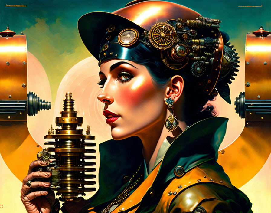 Steampunk-themed woman with mechanical hat and glowing goggles.