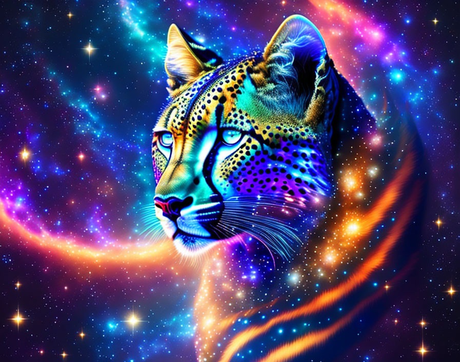 Neon-spotted leopard in cosmic setting with blues, purples, and pinks