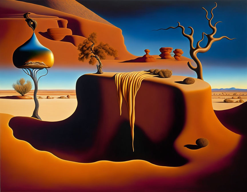 Surreal desert landscape with melting objects and distorted black figure