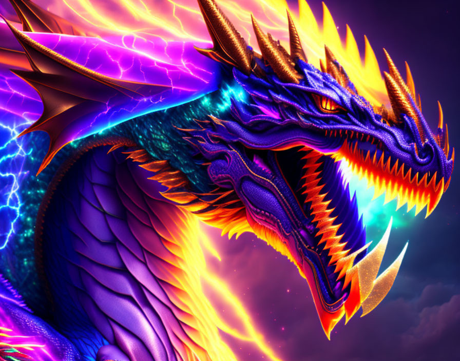 Vivid Digital Artwork: Dragon with Purple Scales & Golden Eyes