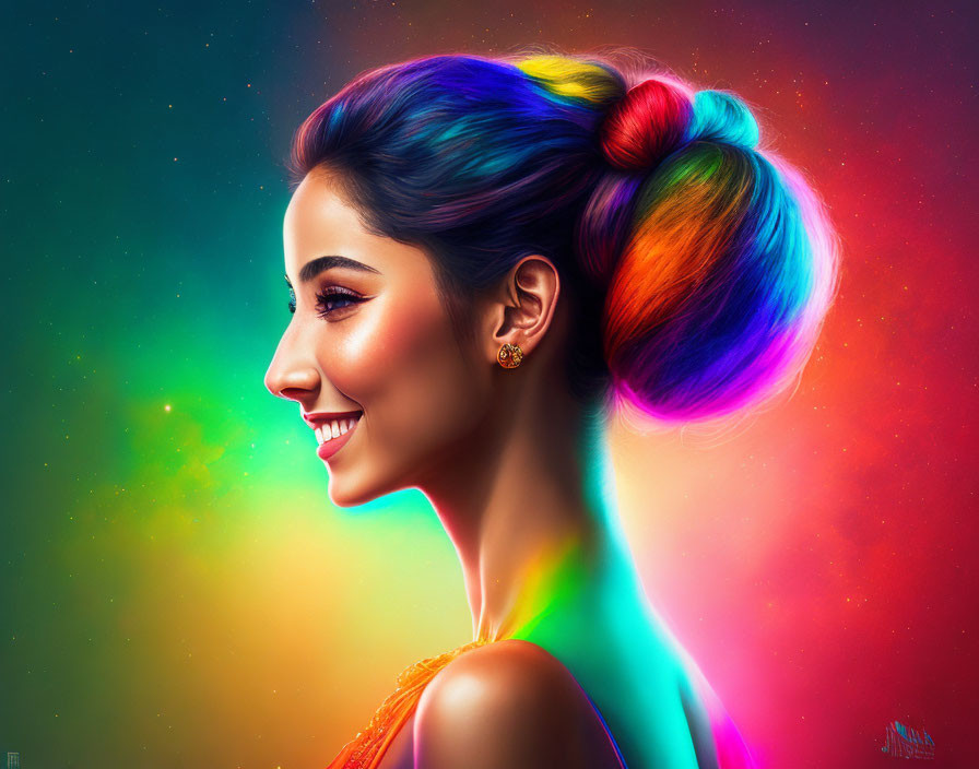 Colorful Hair Woman Portrait with Nebula Background