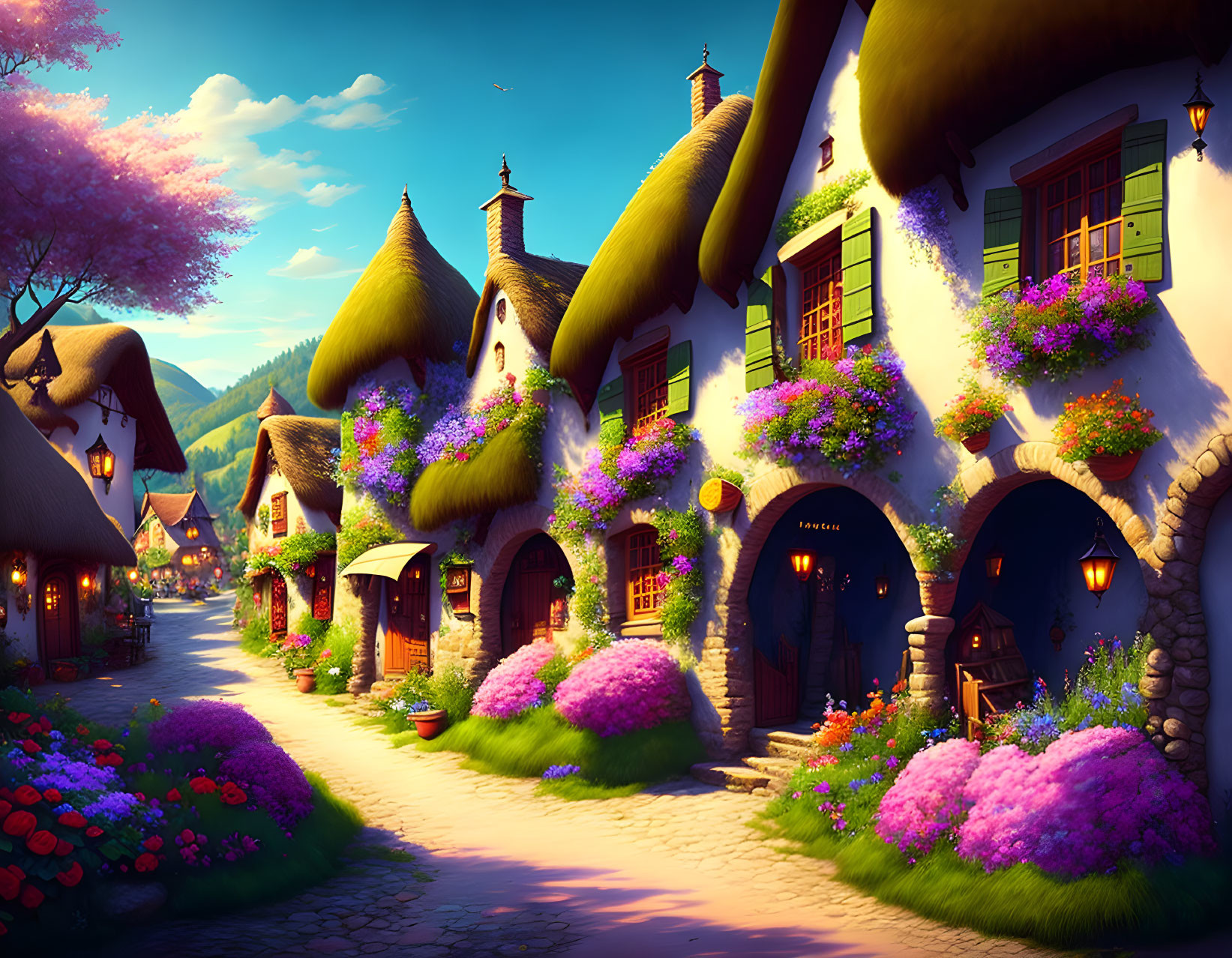Quaint Thatched-Roof Cottages in Enchanting Village