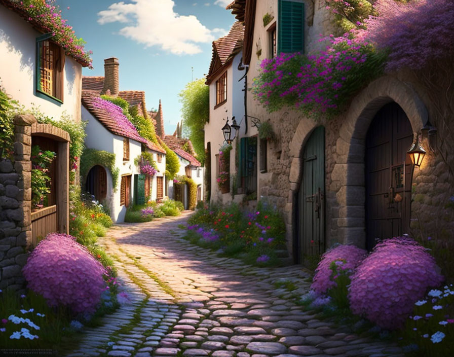 Charming cobblestone street in picturesque village with white houses and purple flora