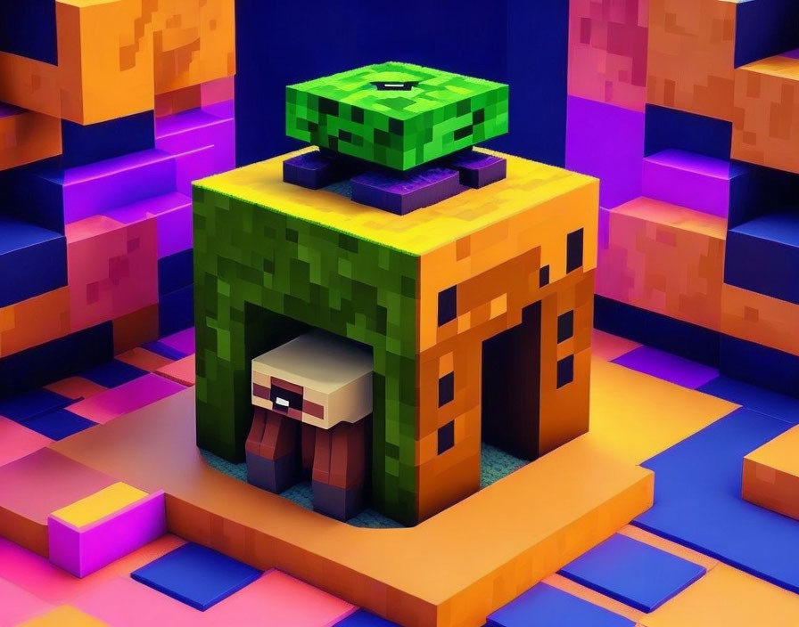 Colorful Voxel-Based Minecraft-Style Figure with House Head