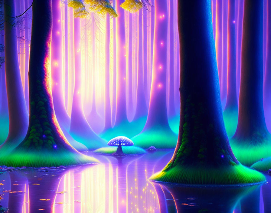 Colorful Fantasy Forest with Glowing Flowers and Mystic Bridge