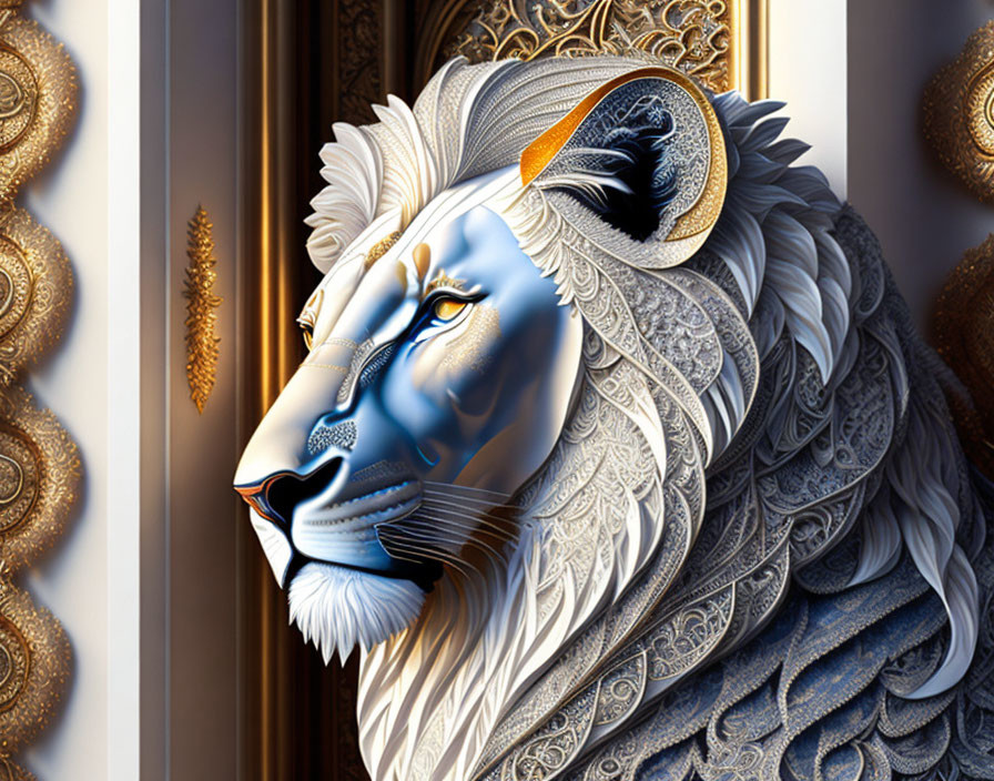Majestic lion illustration with intricate blue and gold patterns