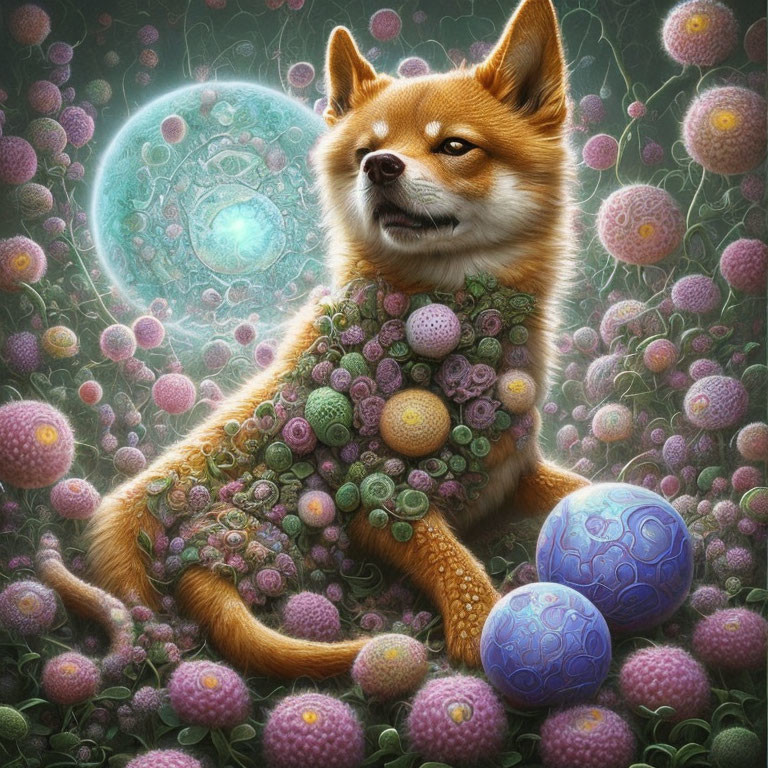 Patterned Cloak Dog Amid Colorful Spheres in Fantastical Setting