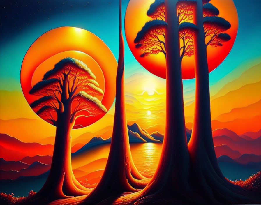Colorful Digital Art Landscape Featuring Stylized Trees and Dual Suns