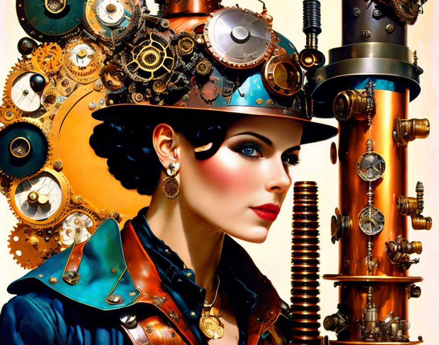 Woman with Steampunk Accessories and Metallic Elements for Retro-Futuristic Look