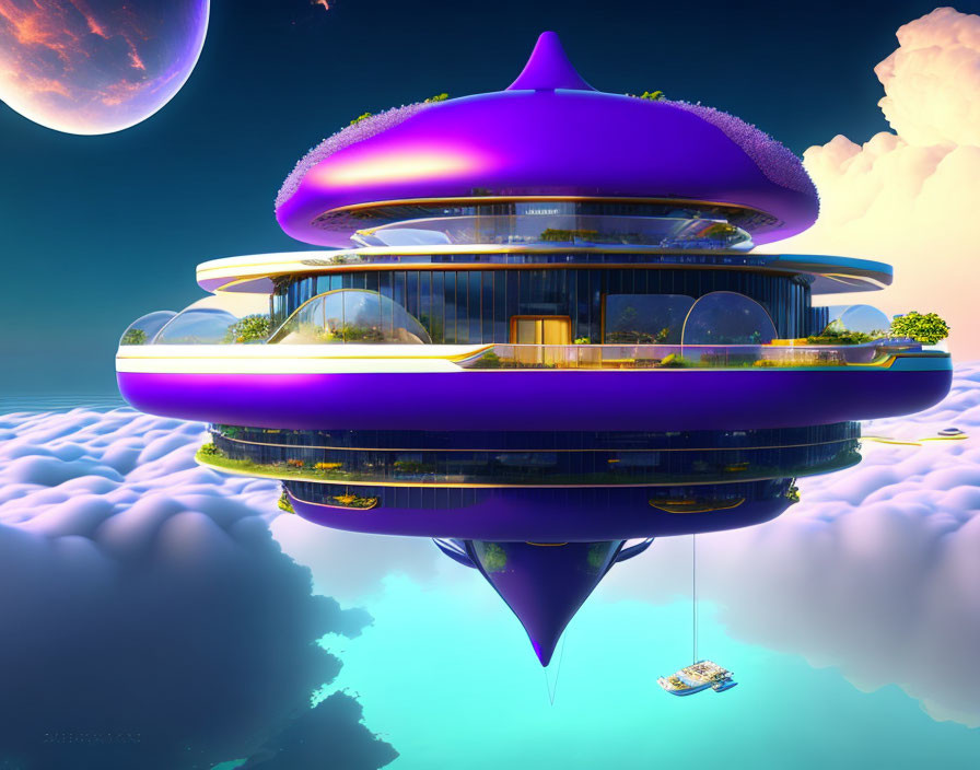 Futuristic floating building with purple and white colors, boat below, planets in sky