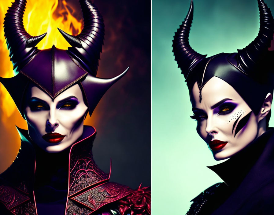 Split portrait of woman with horned headdresses: fire vs icy elements, geometric makeup