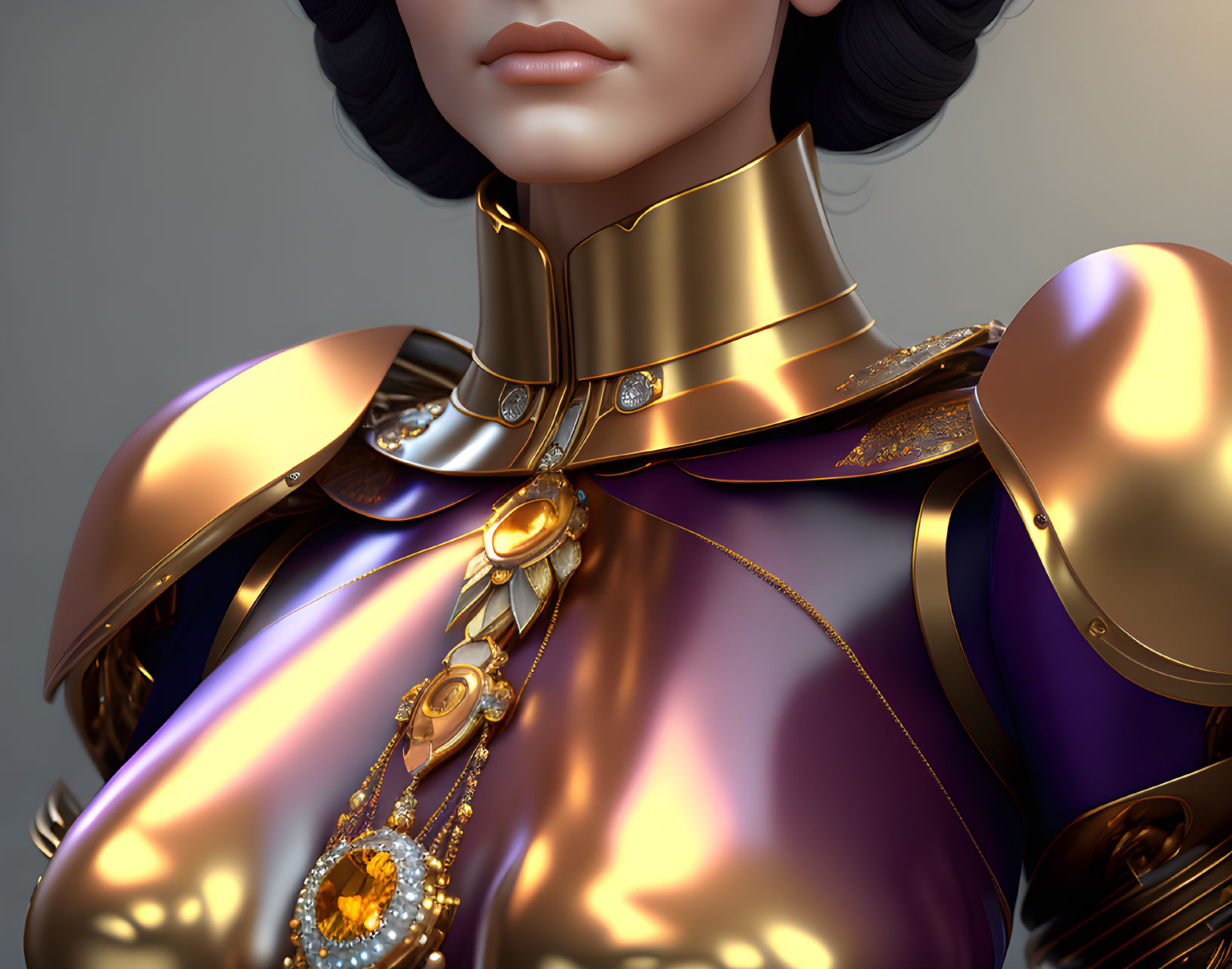 Detailed digital art: Individual in golden armor with purple garment, close-up on shoulder and neck.