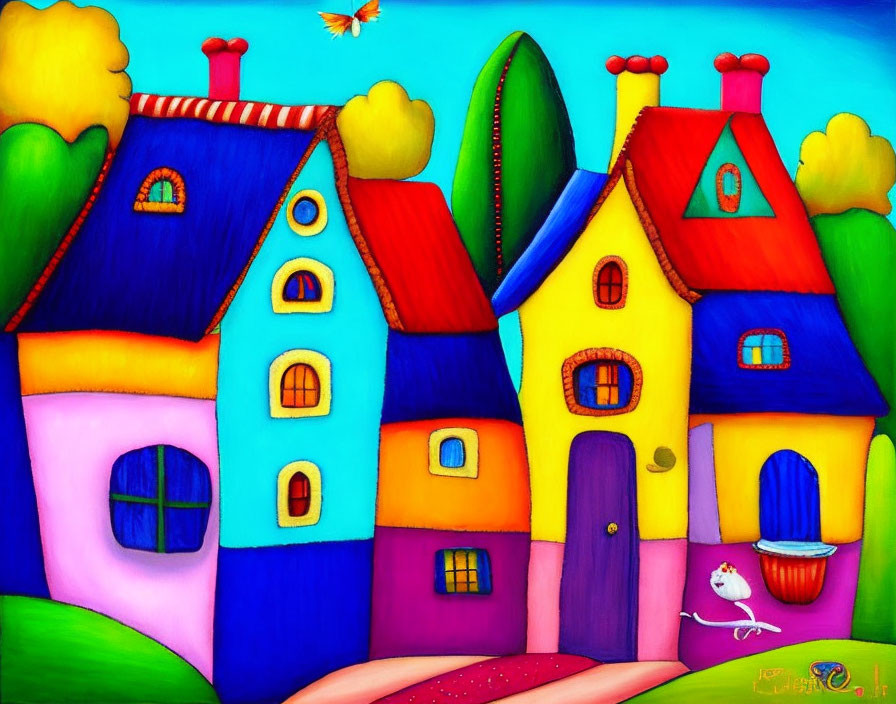 Colorful Whimsical Painting of Stylized Houses, Bird, and Cat