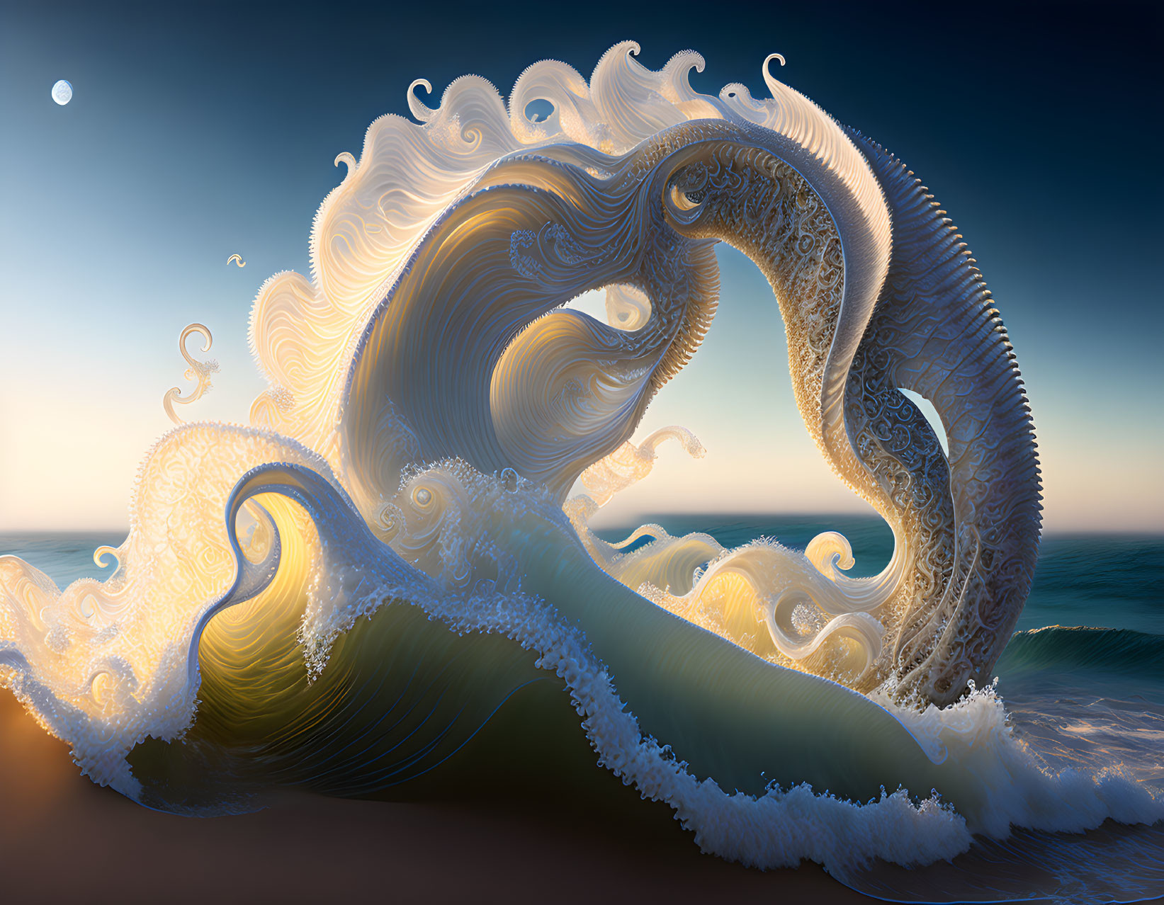 Surreal wave illustration with intricate patterns under twilight sky