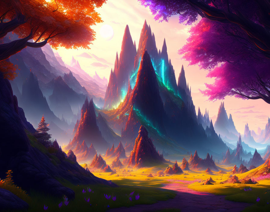 Vibrant, colorful fantasy landscape with glowing mountains, trees, and a magical meadow at sunset