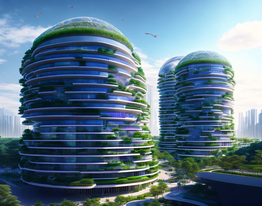 Green Skyscrapers with Terraced Gardens and Blue Sky in Futuristic Setting