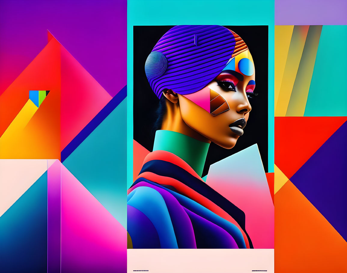 Colorful Abstract Digital Artwork with Stylized Female Portrait