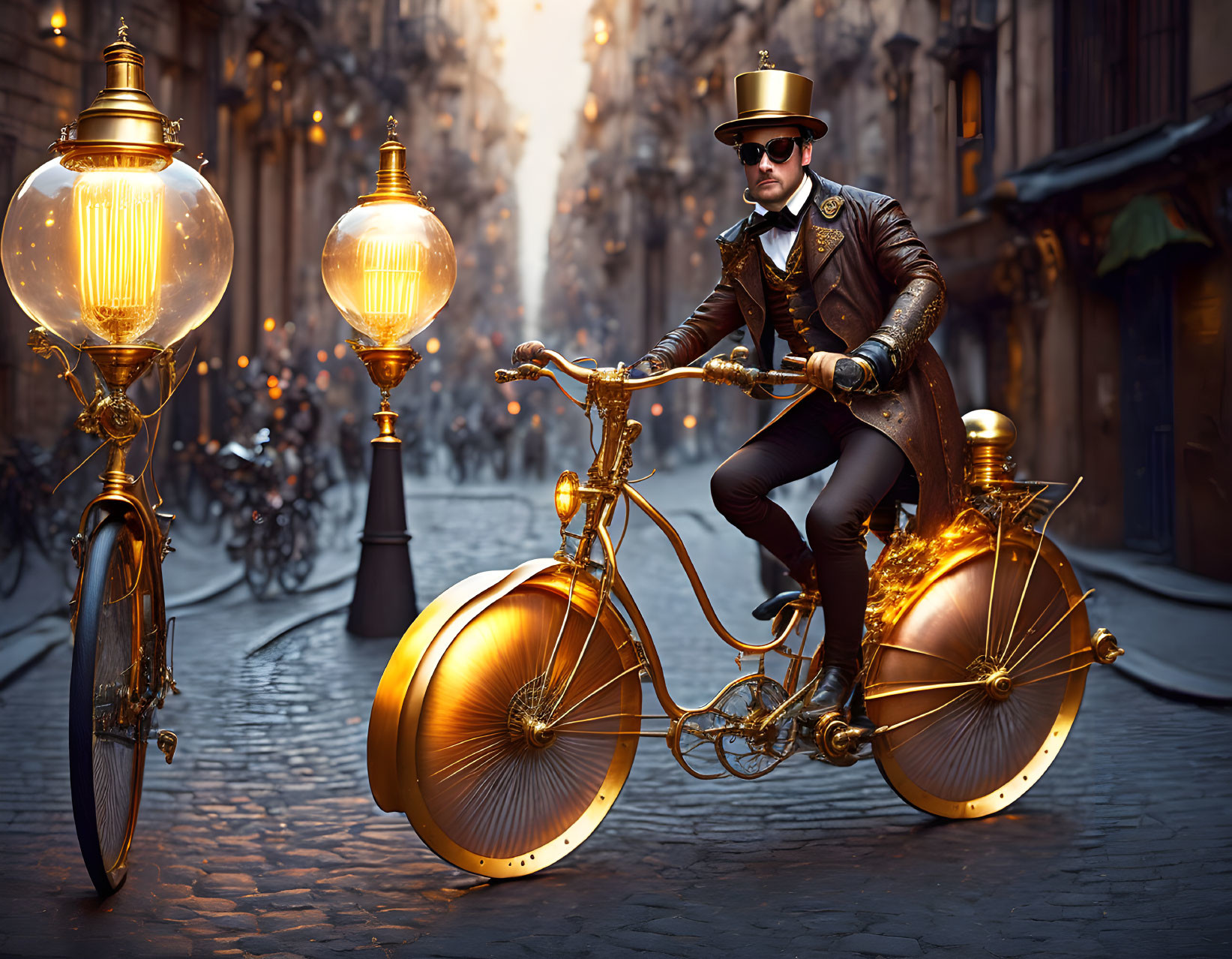 Steampunk man on gold bicycle in vintage street with glowing lamps