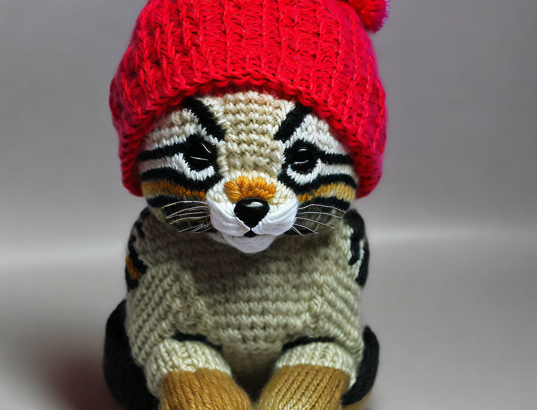 Knitted tiger toy in red beanie and sweater on grey backdrop