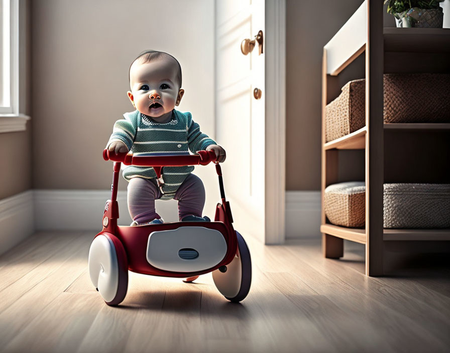Baby sitting on red and white toy car indoors with light streaming from door