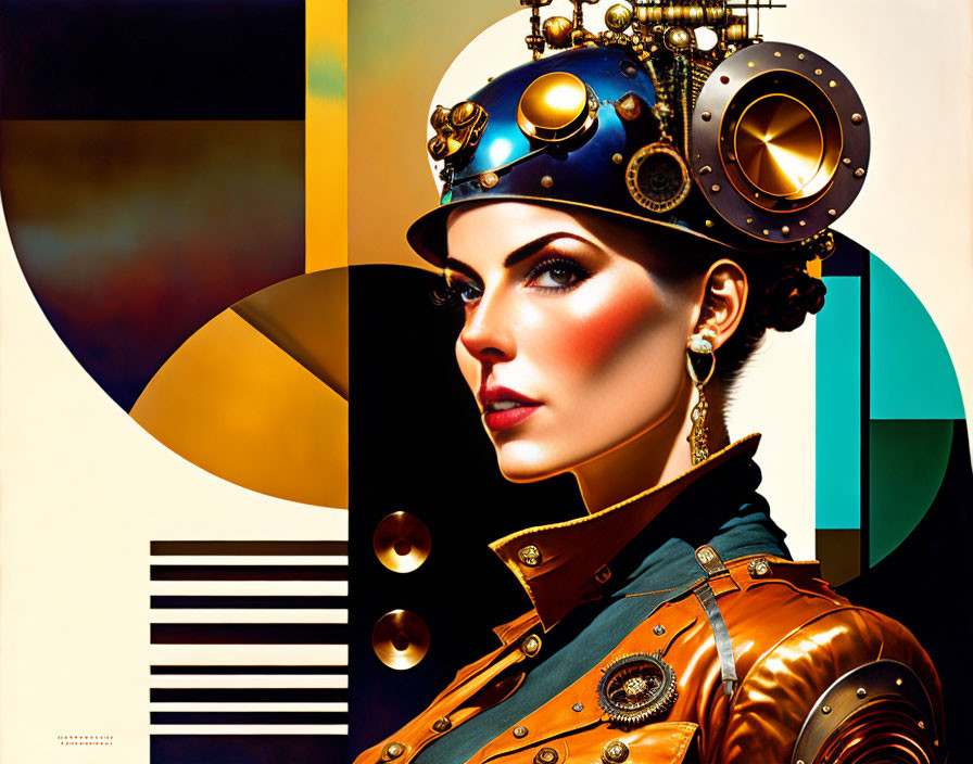 Steampunk Attired Woman Surrounded by Abstract Geometric Shapes
