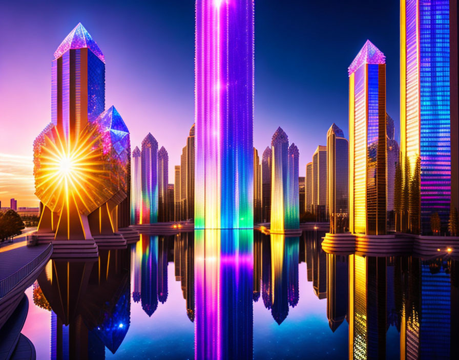 Vibrant cityscape at sunset with futuristic illuminated buildings reflecting on water
