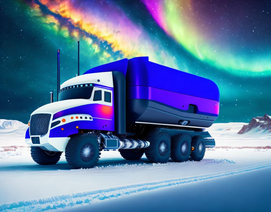 Futuristic semi-truck with blue and purple trailer in snowy landscape at night