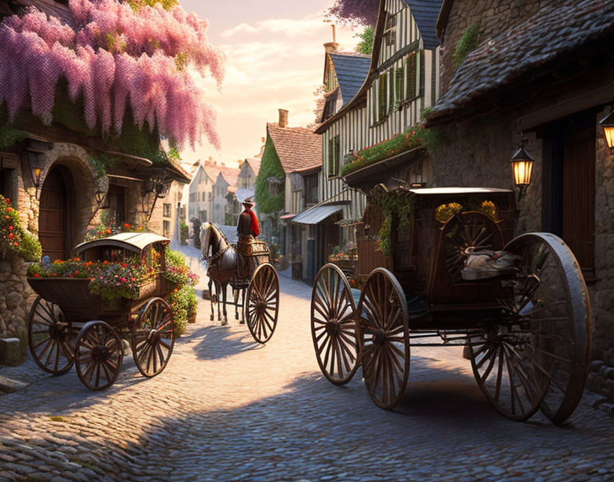 Quaint Village Cobblestone Street with Horse-Drawn Carriages at Sunset