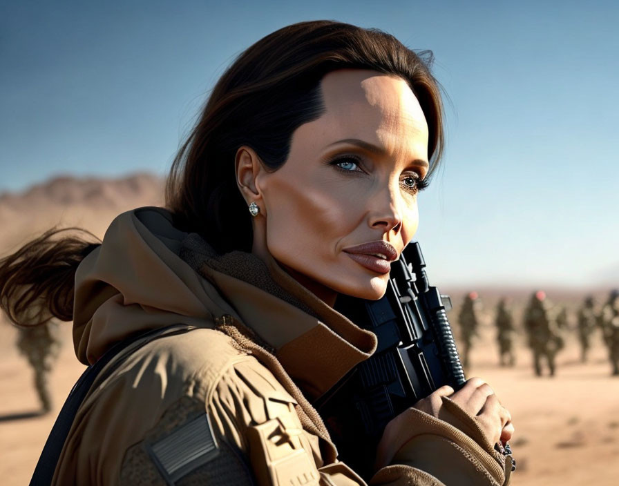 Photorealistic illustration of woman with dark hair holding rifle in desert scene