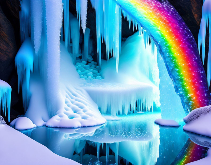 Digital artwork of frozen cave with rainbow waterfall and icy pool