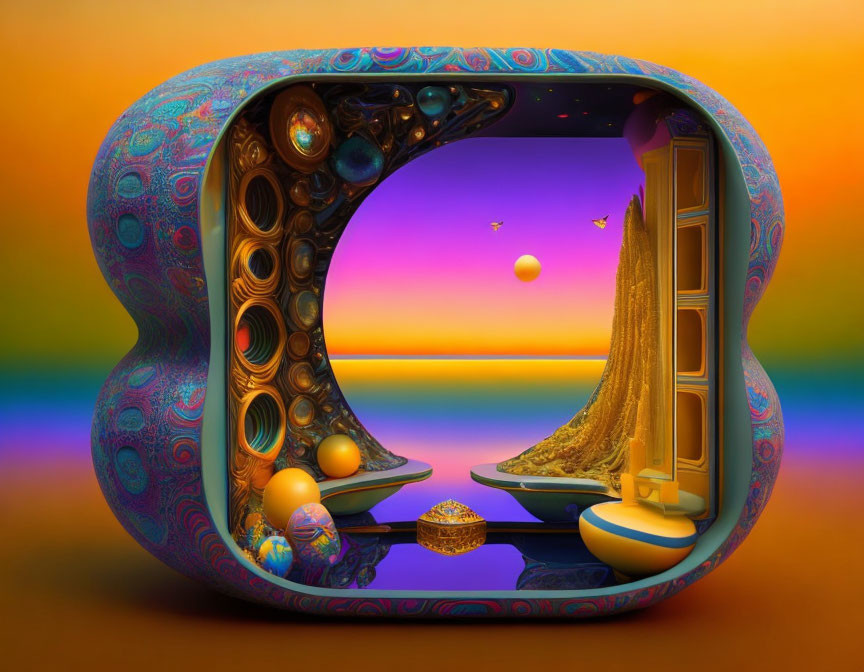 Vibrant 3D surreal room with colorful patterns and fantastical landscape view