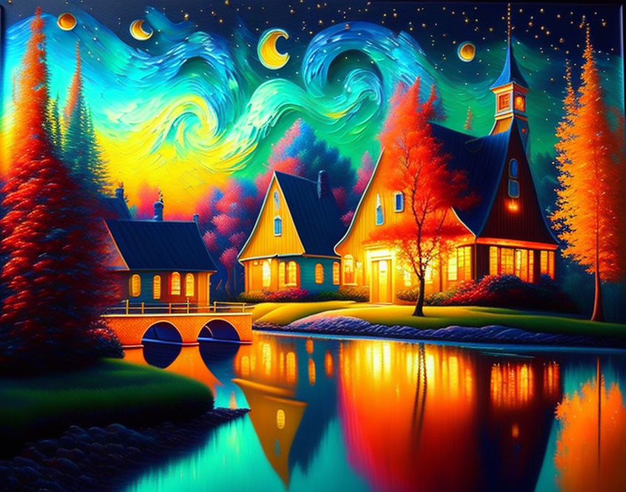 Fantasy artwork: Cozy houses by tranquil lake under starry sky