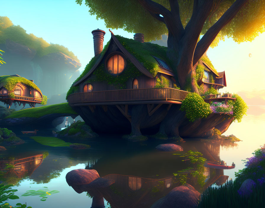 Riverside Solarpunk Hobbit-House Treehouse