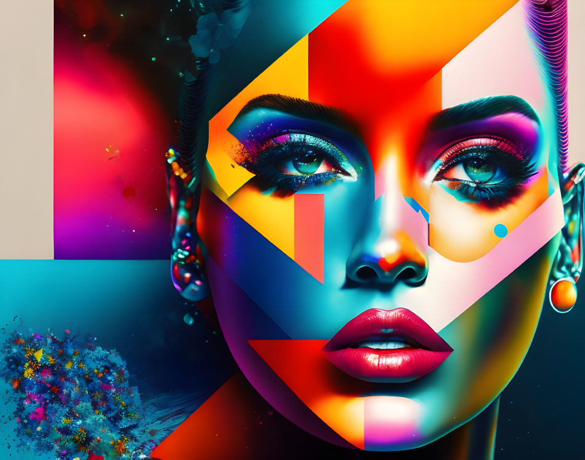 Colorful Abstract Portrait with Geometric Shapes and Cosmic-Floral Element