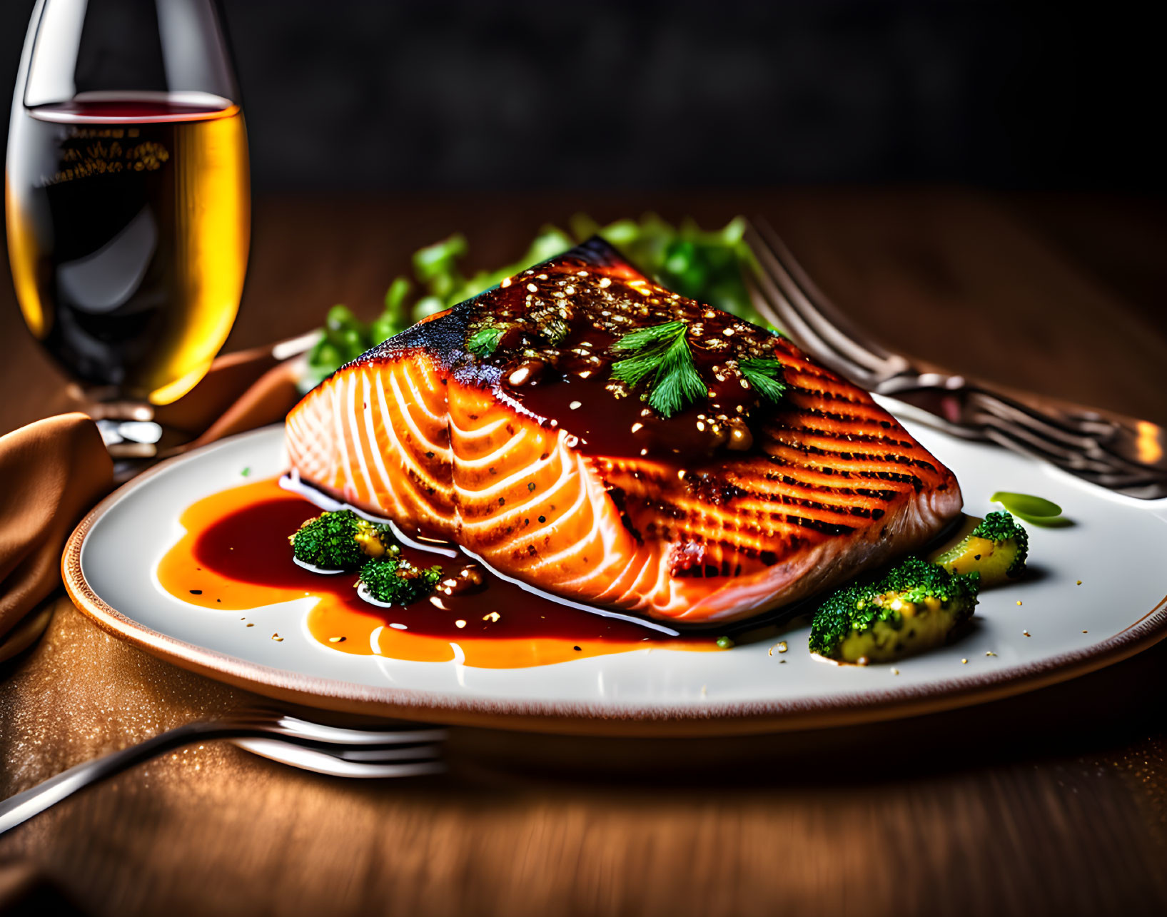 Freshly Grilled Salmon Fillet with Broccoli and White Wine Sauce Presentation
