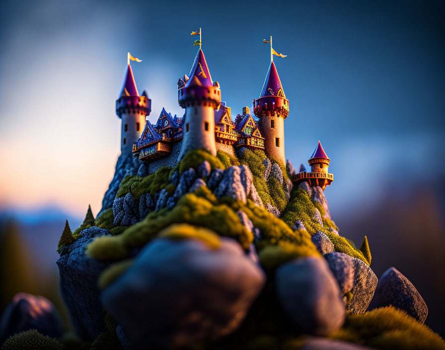 Miniature fairy tale castle on rugged hill with purple roofs at sunset