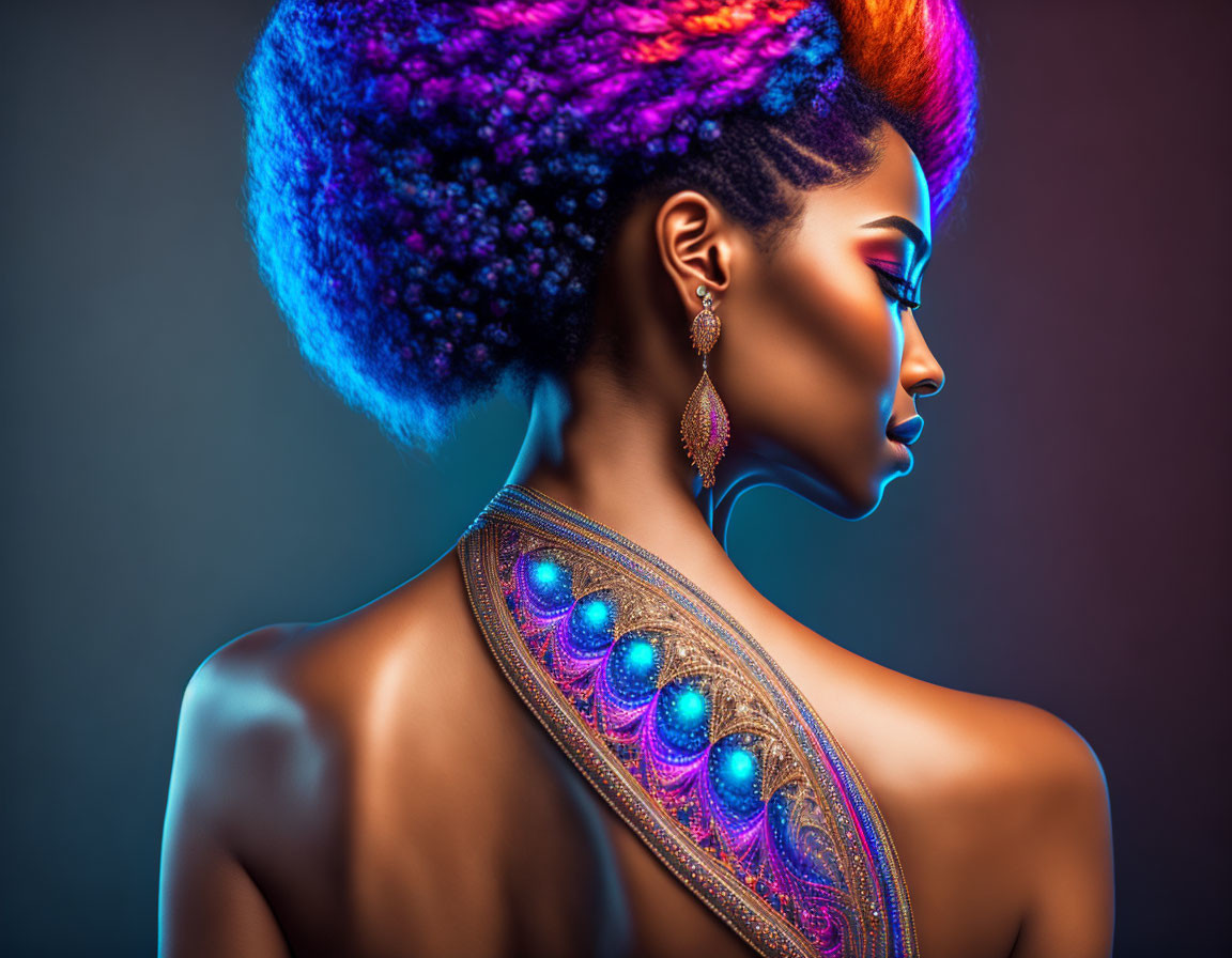 Person with Vibrant Multicolored Afro & Peacock Feather-Inspired Body Art