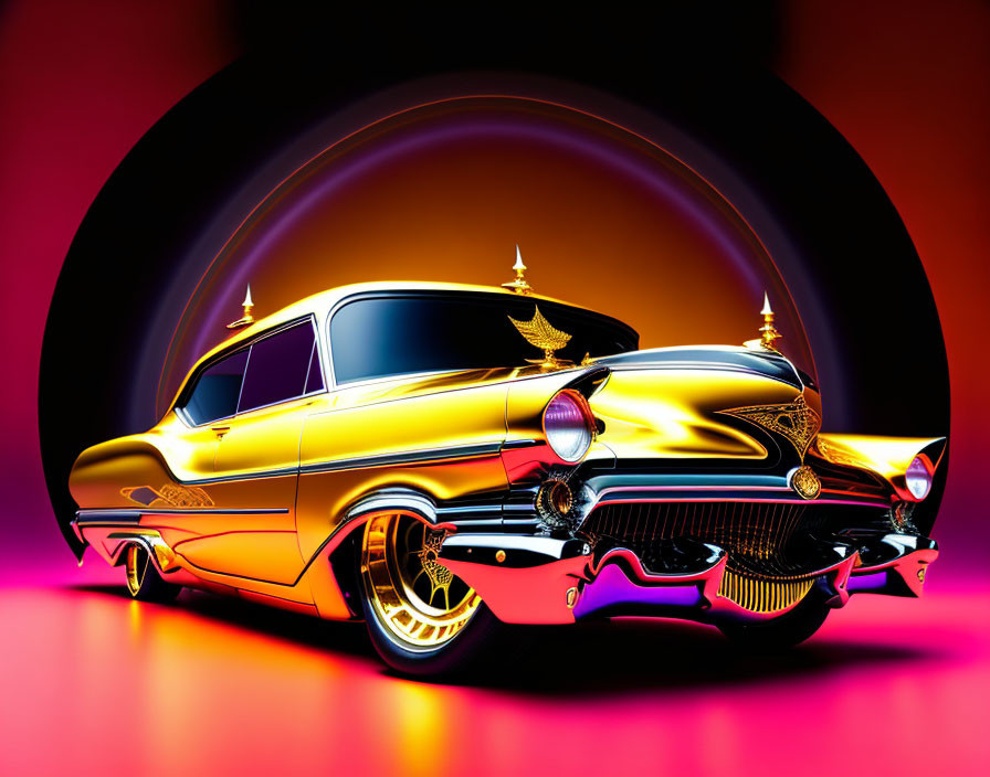 Digitally altered image of vibrant classic car on gradient background