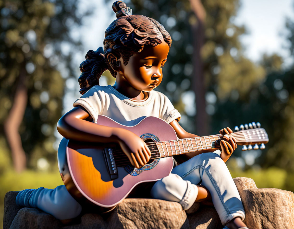 Young girl playing acoustic guitar outdoors on a rock