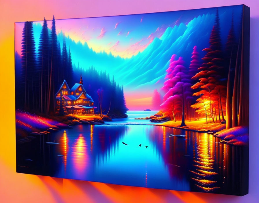 Neon-lit forest scene with cabin by lake and aurora