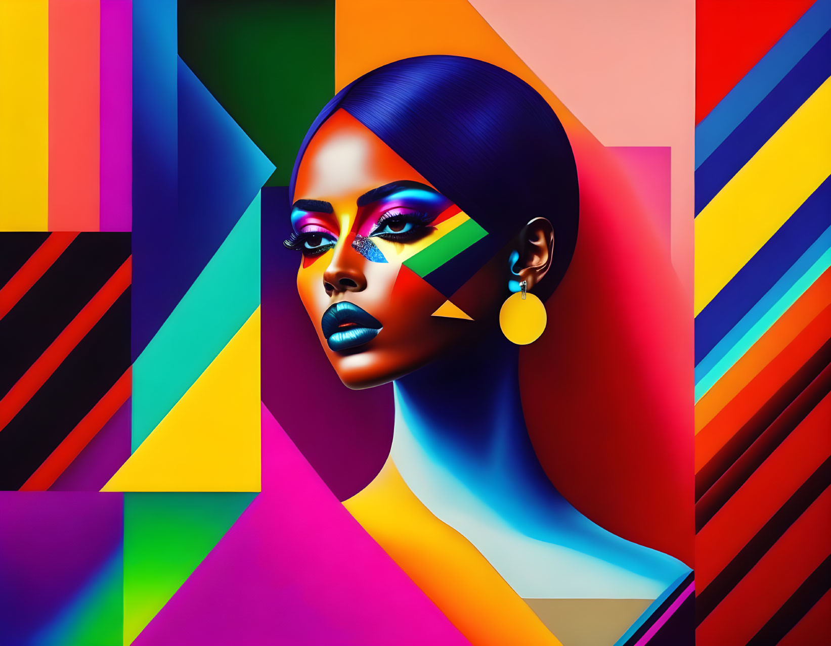 Colorful digital art featuring woman with striking makeup