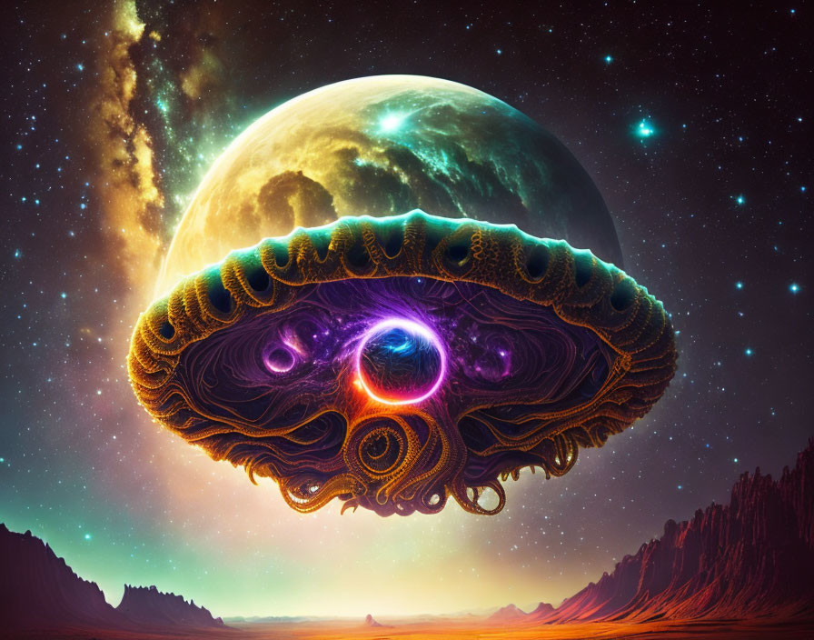 Surreal cosmic scene with jellyfish-like entity in alien sky