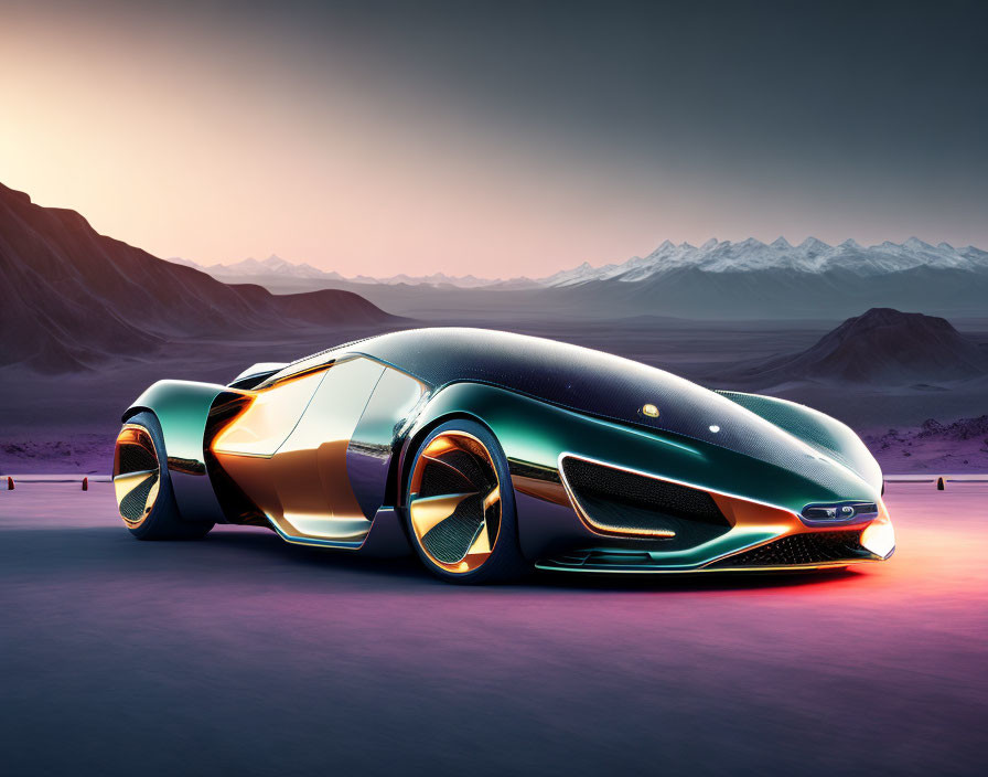 Sleek Teal Futuristic Car with Large Wheels in Twilight Mountain Scene