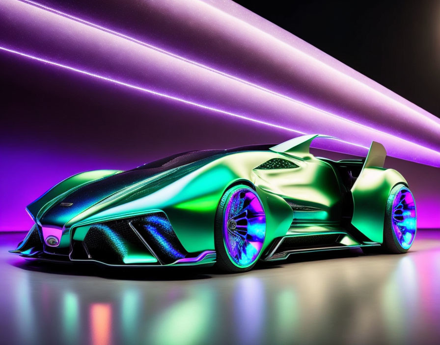 Futuristic green sports car with neon underglow and illuminated wheels in purple-tinted lighting