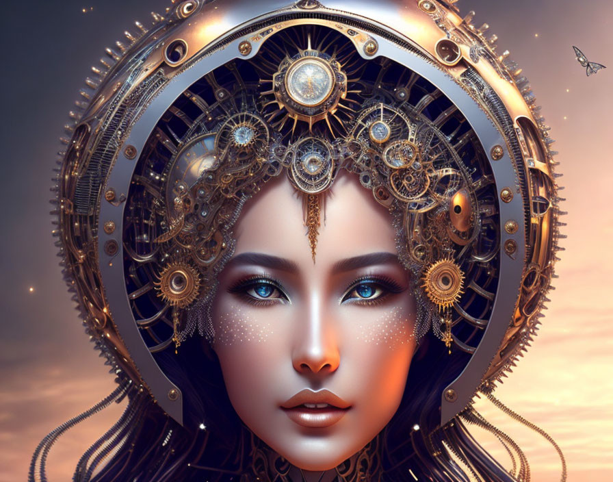 Digital artwork of woman with intricate steampunk headpiece & celestial motif under twilight sky