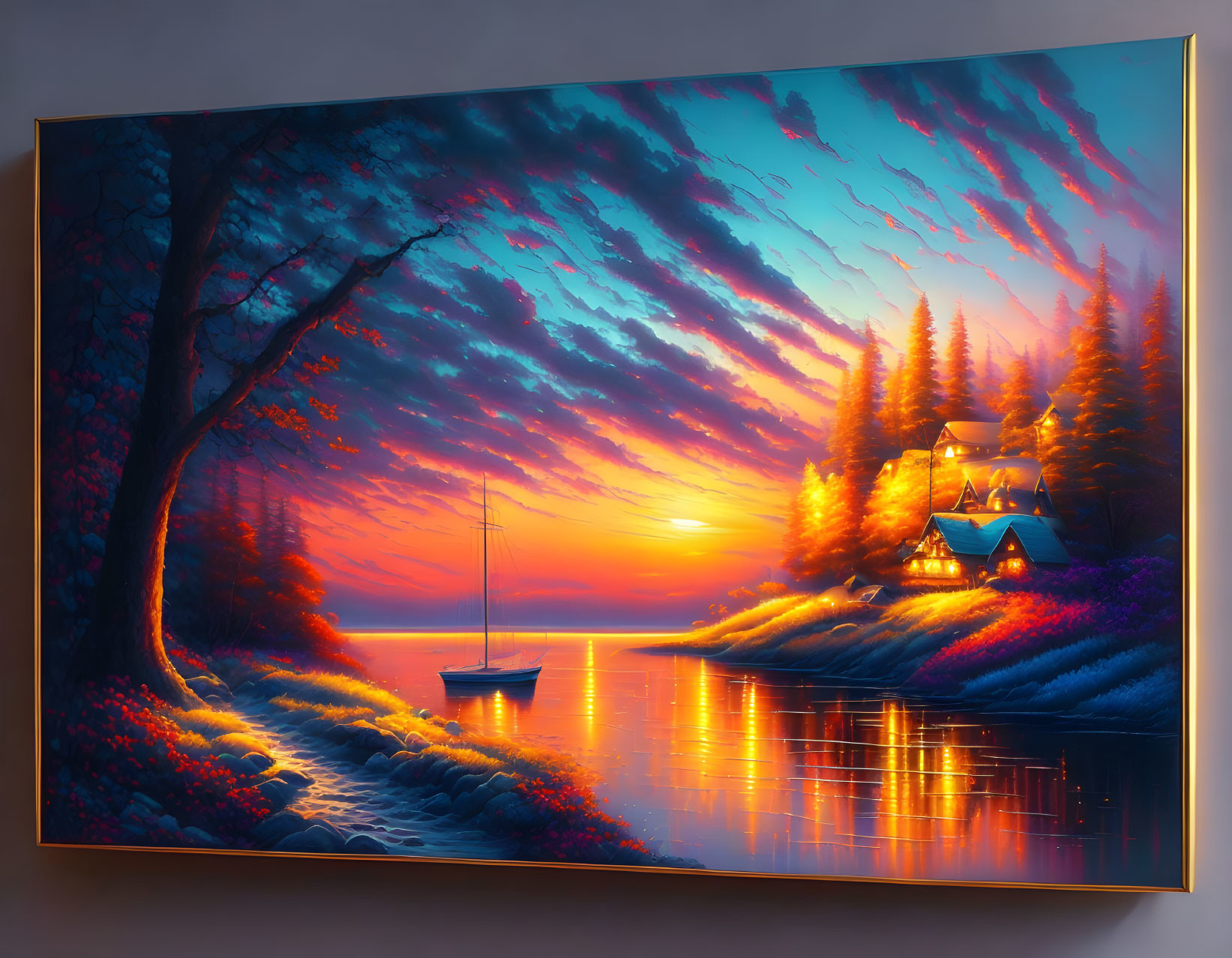 Scenic sunset painting with lake, boat, and autumn trees
