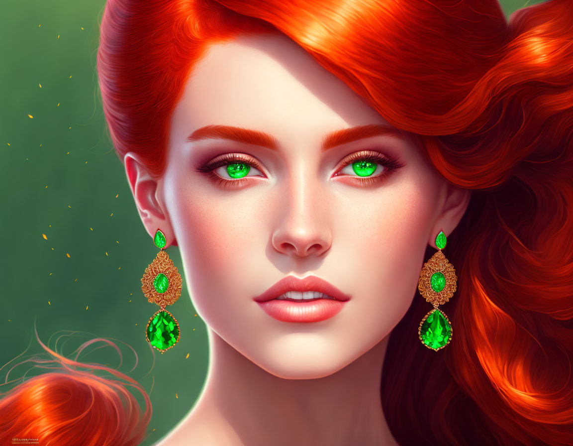 Vibrant red-haired woman with green eyes and earrings on soft green backdrop