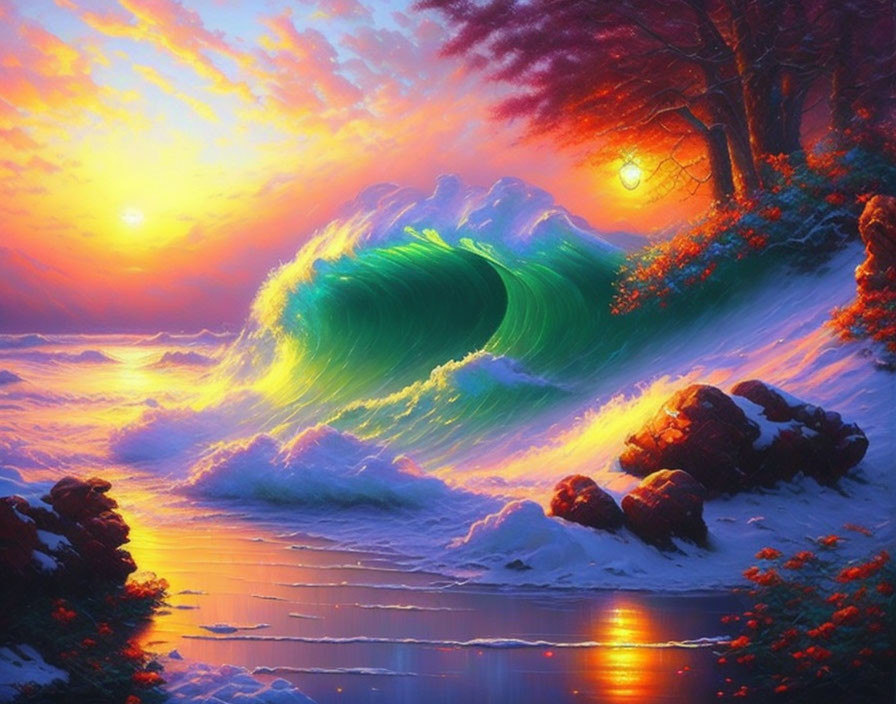 Colorful painting of emerald wave, sunset sky, tree, flowers on snow shoreline